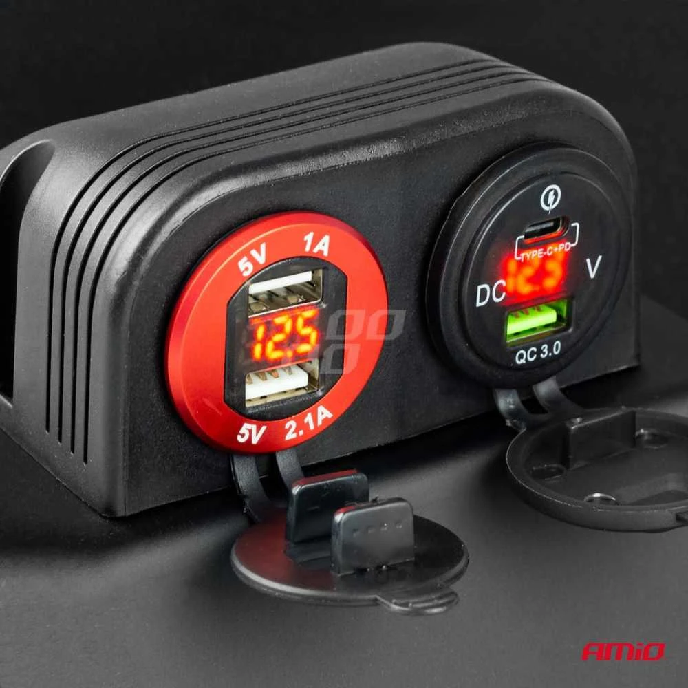 Automobilinis atsparus vandeniui įkroviklis USB + USB-C 12/24 V MOD-09, AMIO-02859