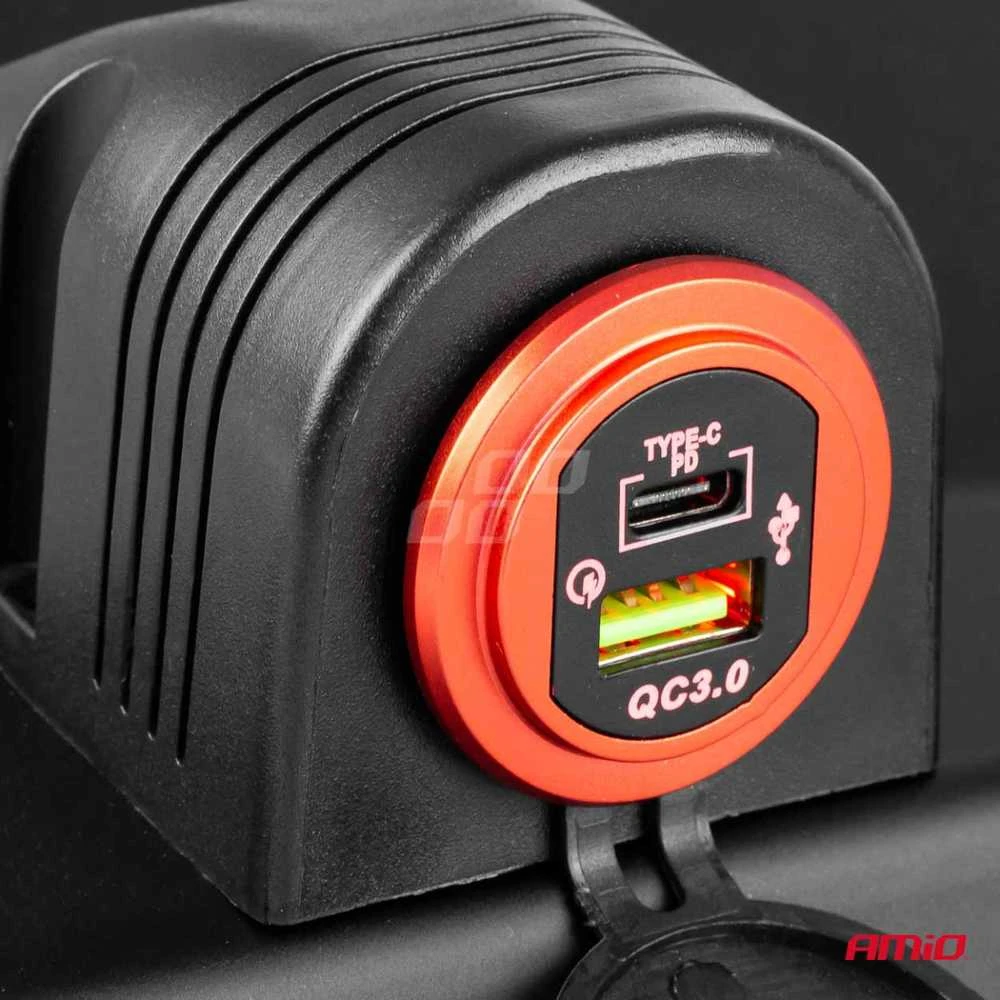 Automobilinis atsparus vandeniui įkroviklis USB + USB-C 12/24 V MOD-09, AMIO-02859