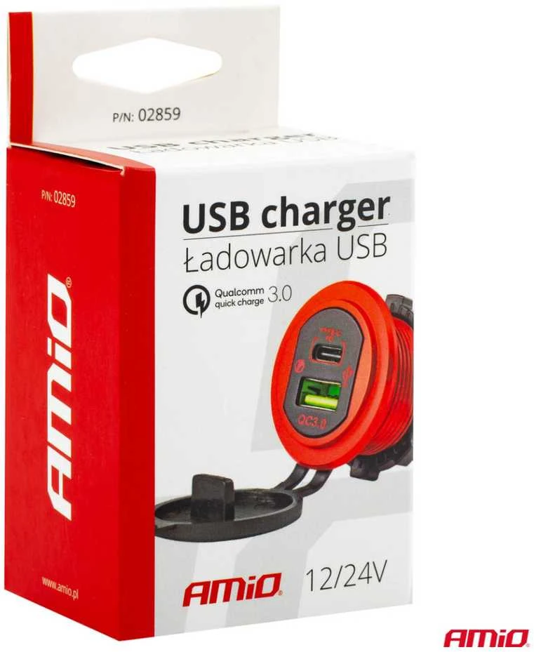 Automobilinis atsparus vandeniui įkroviklis USB + USB-C 12/24 V MOD-09, AMIO-02859
