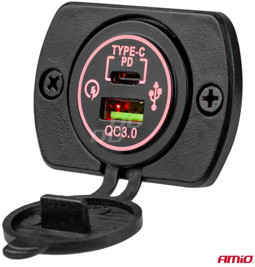 Automobilinis atsparus vandeniui įkroviklis USB + USB-C 12/24 V MOD-09, AMIO-02859