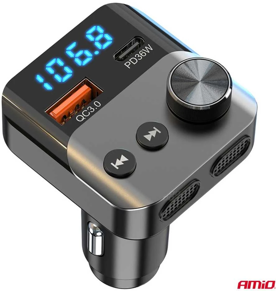 Automobilinis FM siųstuvas, 1×USB-A 1×USB-C 12V 24V AMIO-04647