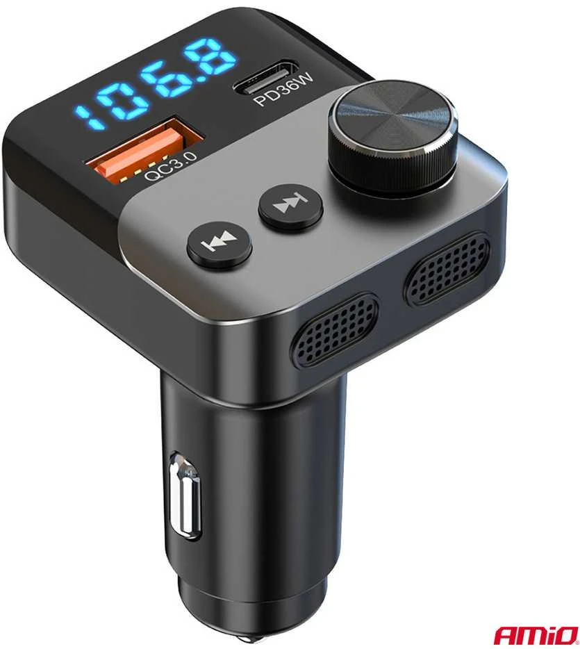 Automobilinis FM siųstuvas, 1×USB-A 1×USB-C 12V 24V AMIO-04647