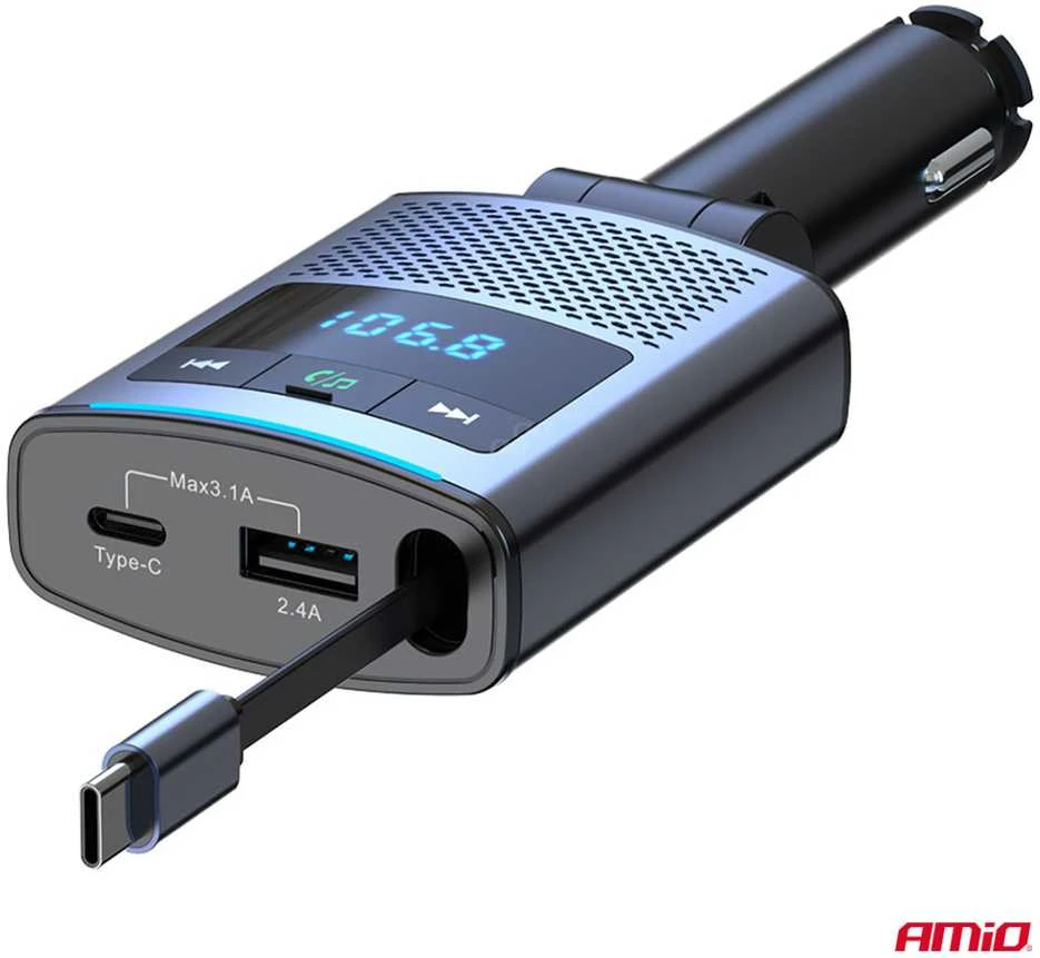 Automobilinis FM siųstuvas, 1×USB-A 1×USB-C 12V 24V AMIO-04656