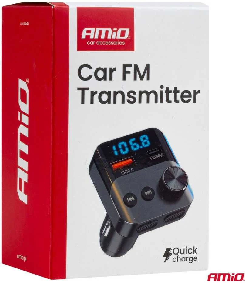 Automobilinis FM siųstuvas, 1×USB-A 1×USB-C 12V 24V AMIO-04647