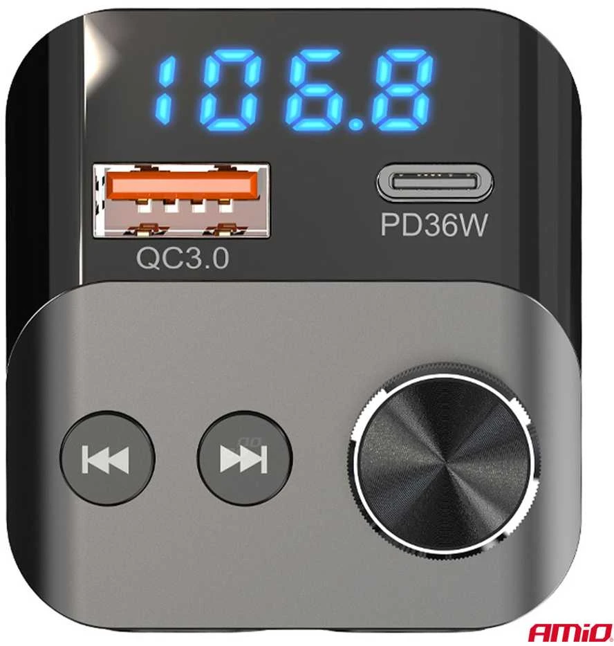 Automobilinis FM siųstuvas, 1×USB-A 1×USB-C 12V 24V AMIO-04647