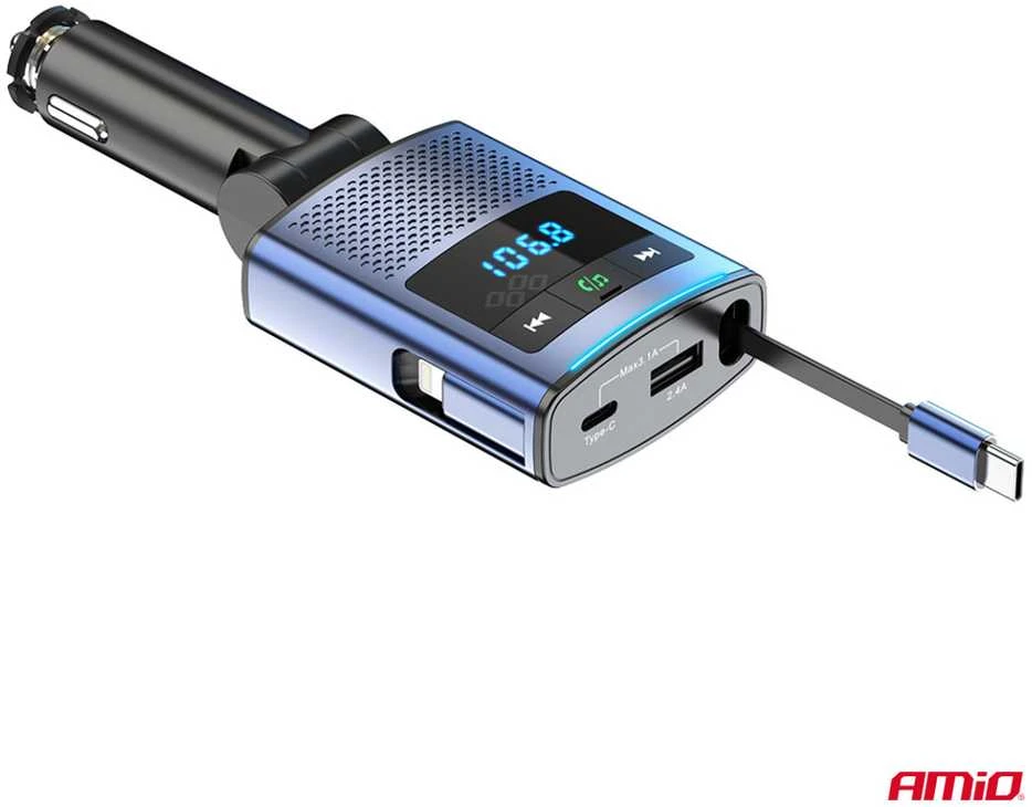 Automobilinis FM siųstuvas, 1×USB-A 1×USB-C 12V 24V AMIO-04656
