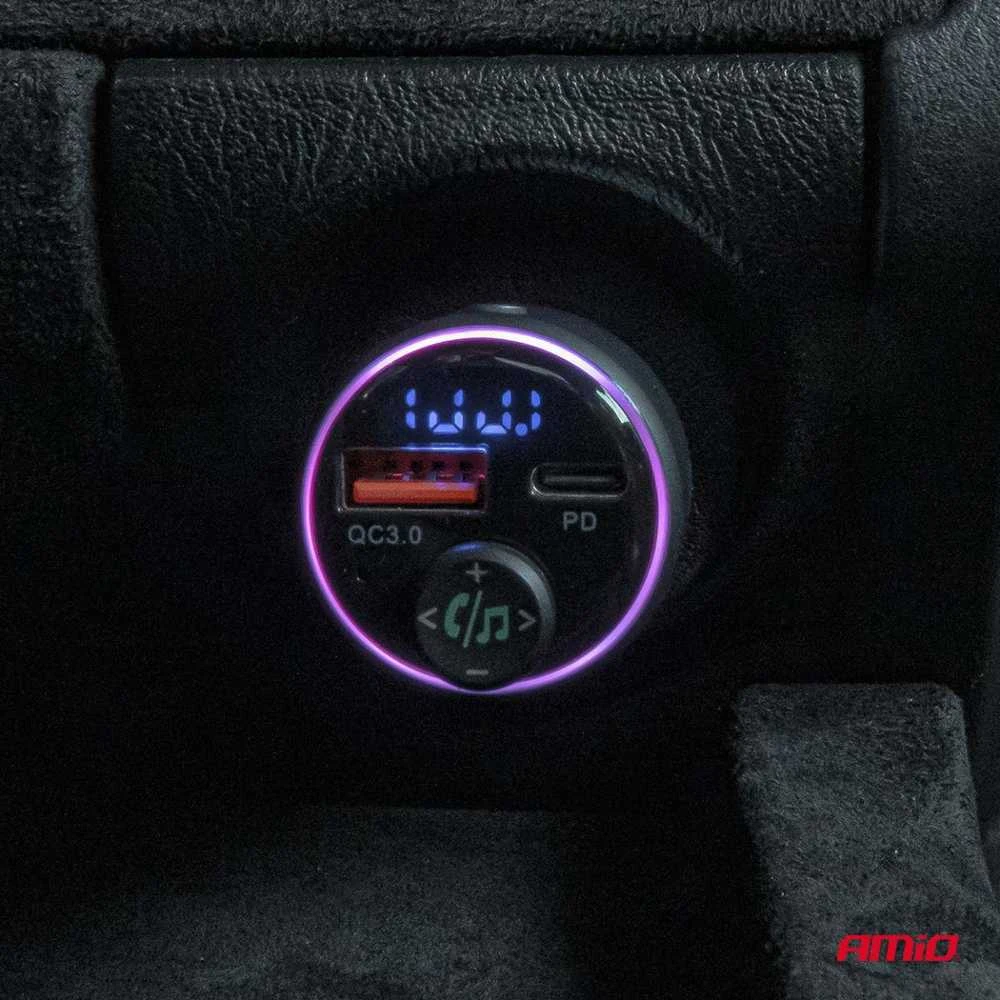 Automobilinis FM siųstuvas, 1×USB-A 1×USB-C 12V 24V AMIO-04655