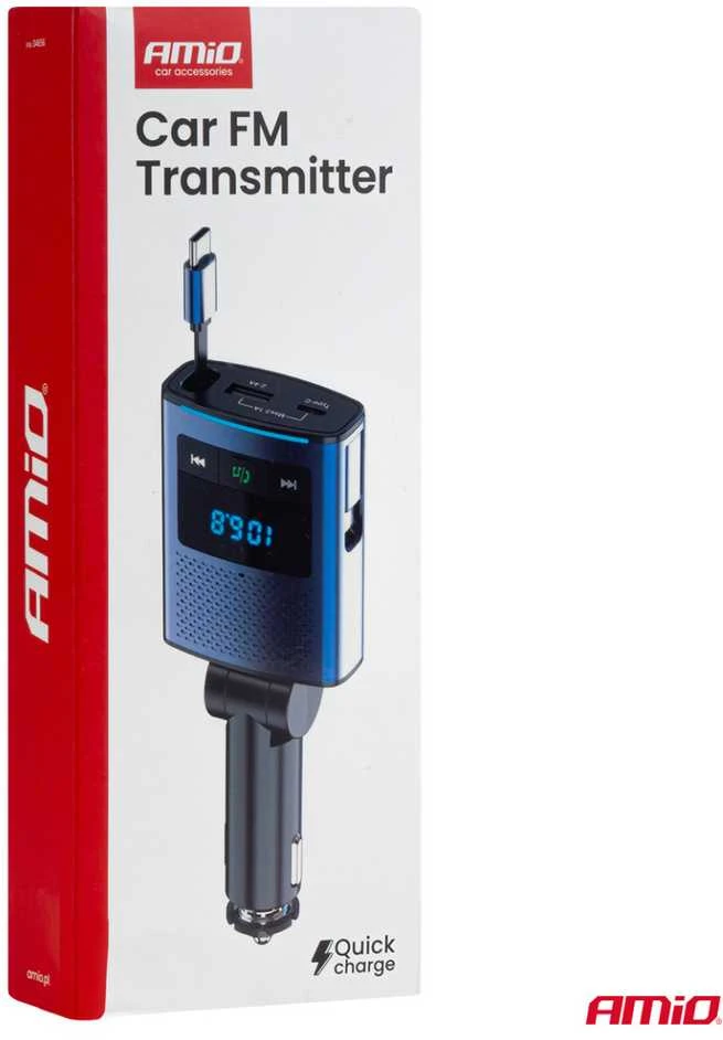 Automobilinis FM siųstuvas, 1×USB-A 1×USB-C 12V 24V AMIO-04656