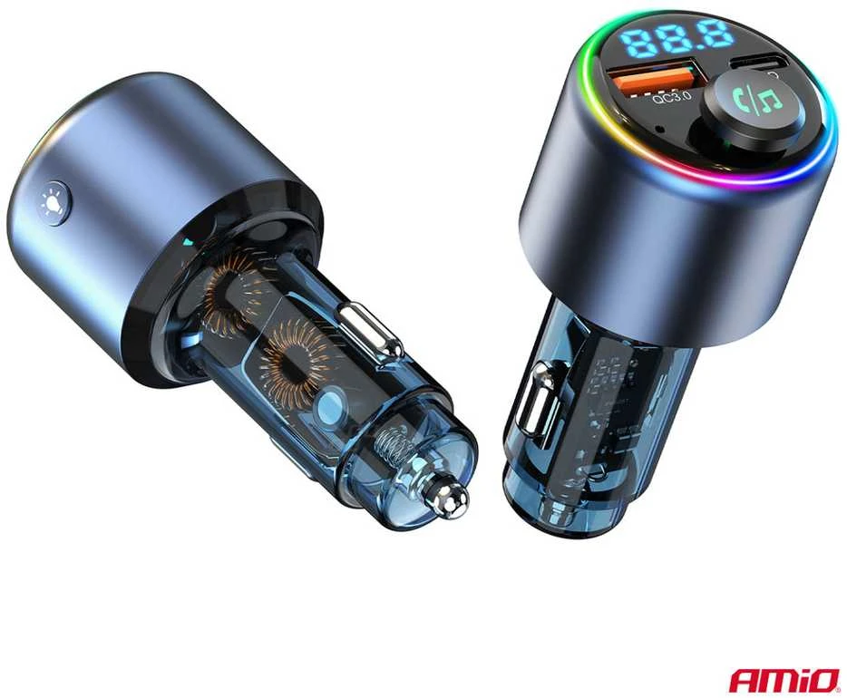 Automobilinis FM siųstuvas, 1×USB-A 1×USB-C 12V 24V AMIO-04655
