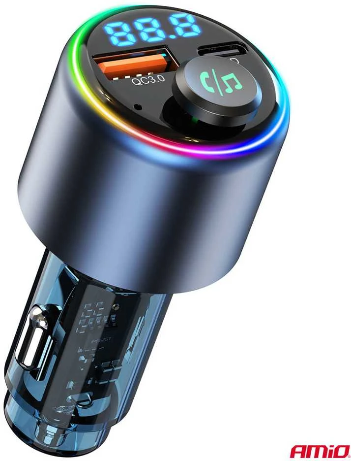 Automobilinis FM siųstuvas, 1×USB-A 1×USB-C 12V 24V AMIO-04655