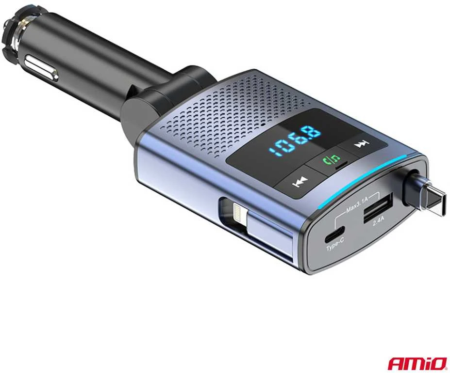 Automobilinis FM siųstuvas, 1×USB-A 1×USB-C 12V 24V AMIO-04656