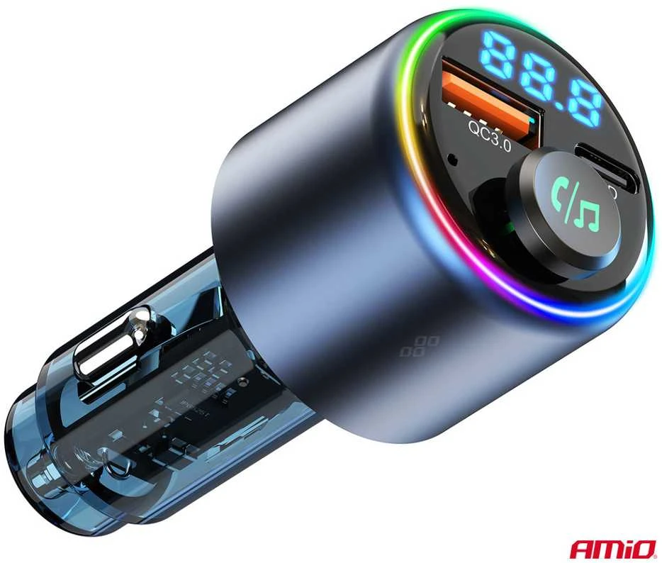 Automobilinis FM siųstuvas, 1×USB-A 1×USB-C 12V 24V AMIO-04655