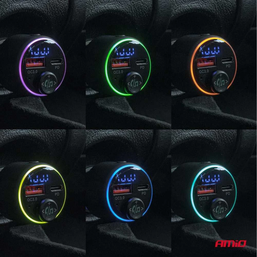 Automobilinis FM siųstuvas, 1×USB-A 1×USB-C 12V 24V AMIO-04655