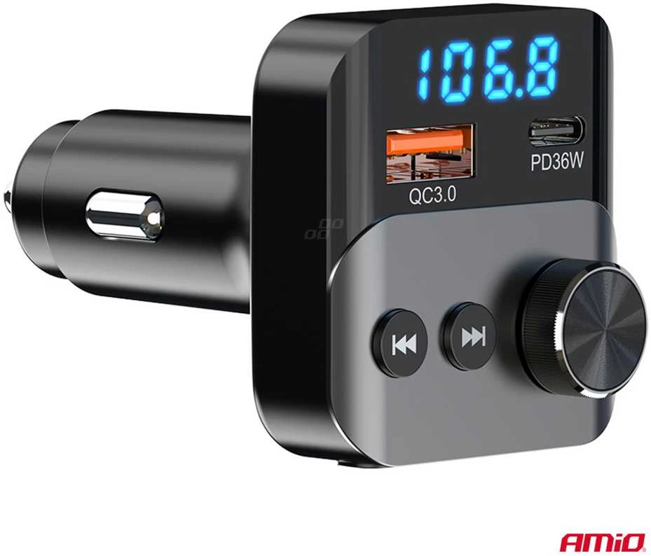 Automobilinis FM siųstuvas, 1×USB-A 1×USB-C 12V 24V AMIO-04647