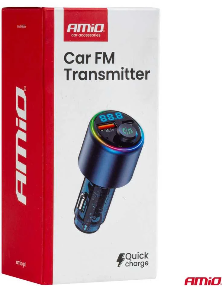 Automobilinis FM siųstuvas, 1×USB-A 1×USB-C 12V 24V AMIO-04655