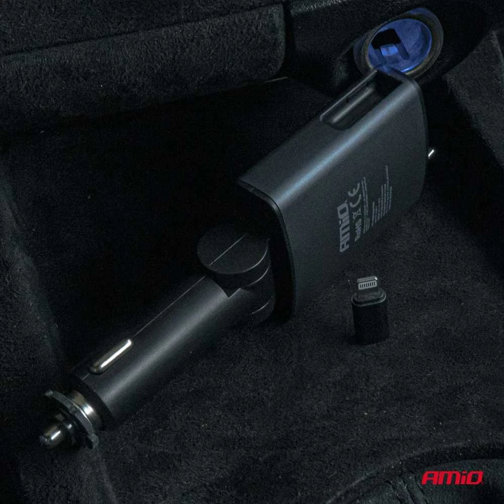 Automobilinis FM siųstuvas, 1×USB-A 1×USB-C 12V 24V AMIO-04656