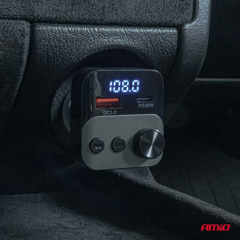 Automobilinis FM siųstuvas, 1×USB-A 1×USB-C 12V 24V AMIO-04647