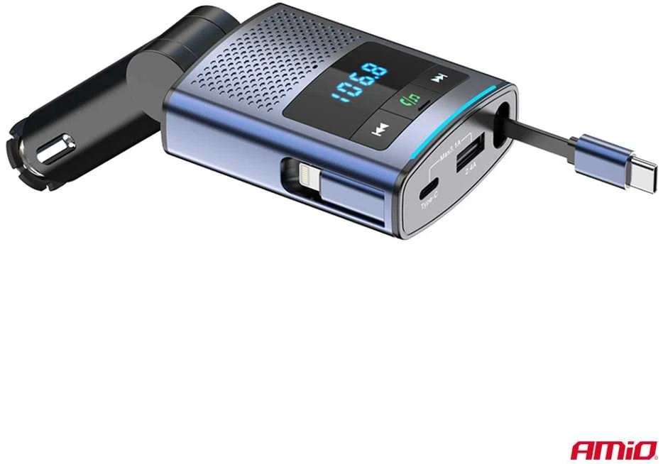 Automobilinis FM siųstuvas, 1×USB-A 1×USB-C 12V 24V AMIO-04656
