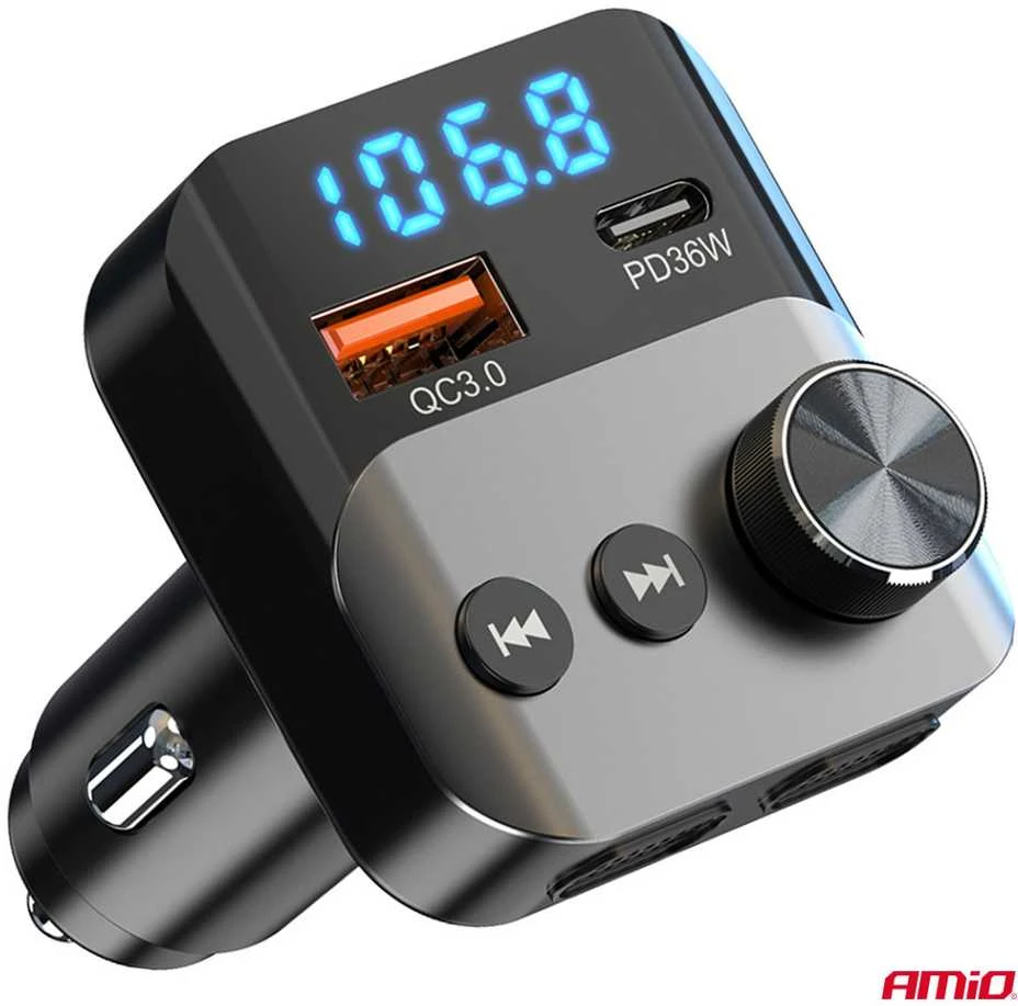 Automobilinis FM siųstuvas, 1×USB-A 1×USB-C 12V 24V AMIO-04647