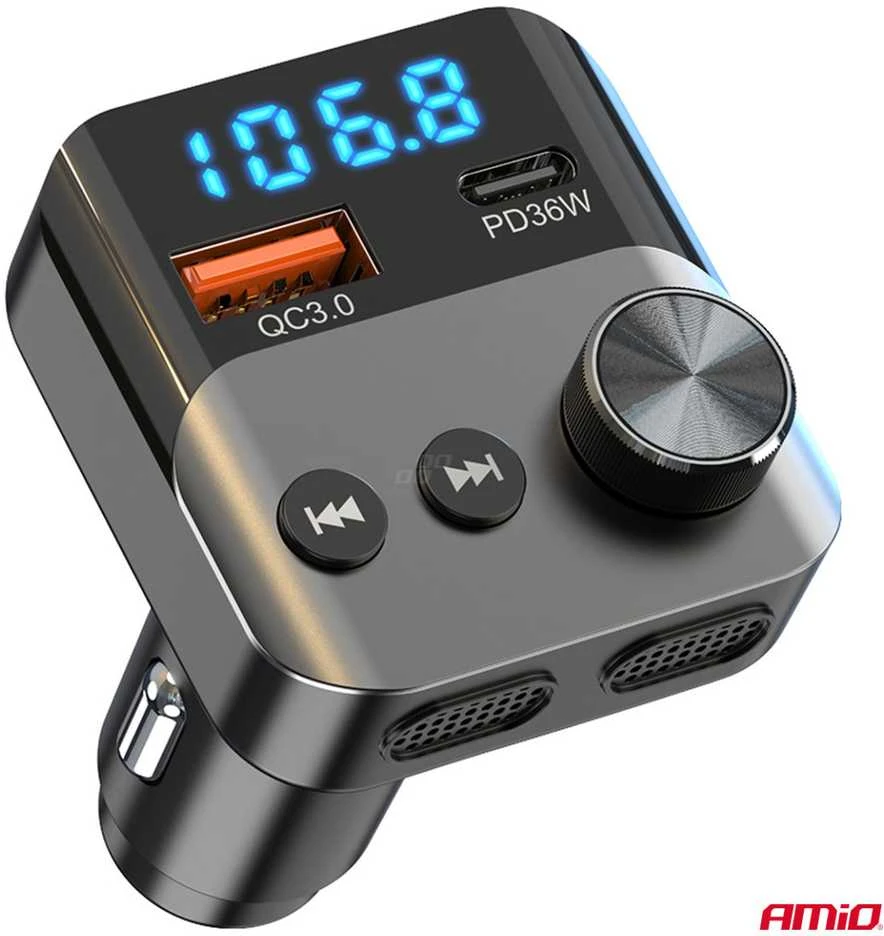 Automobilinis FM siųstuvas, 1×USB-A 1×USB-C 12V 24V AMIO-04647