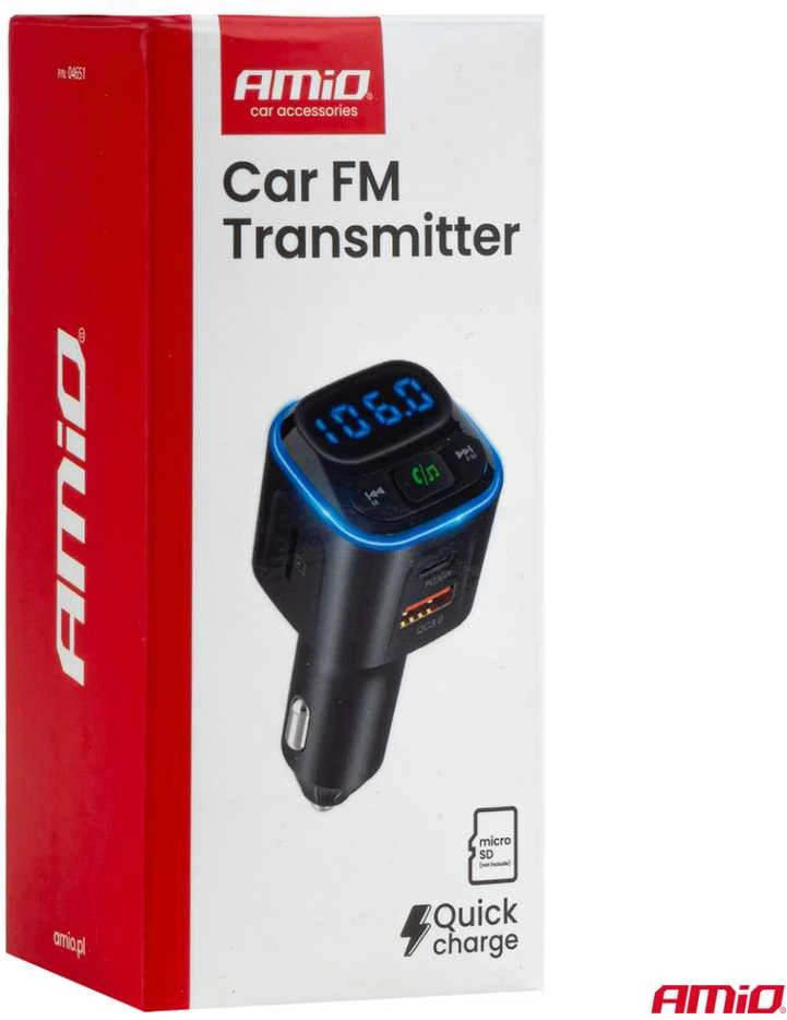 Automobilinis FM siųstuvas, 1×USB-A 2×USB-C 12V 24V AMIO-04651