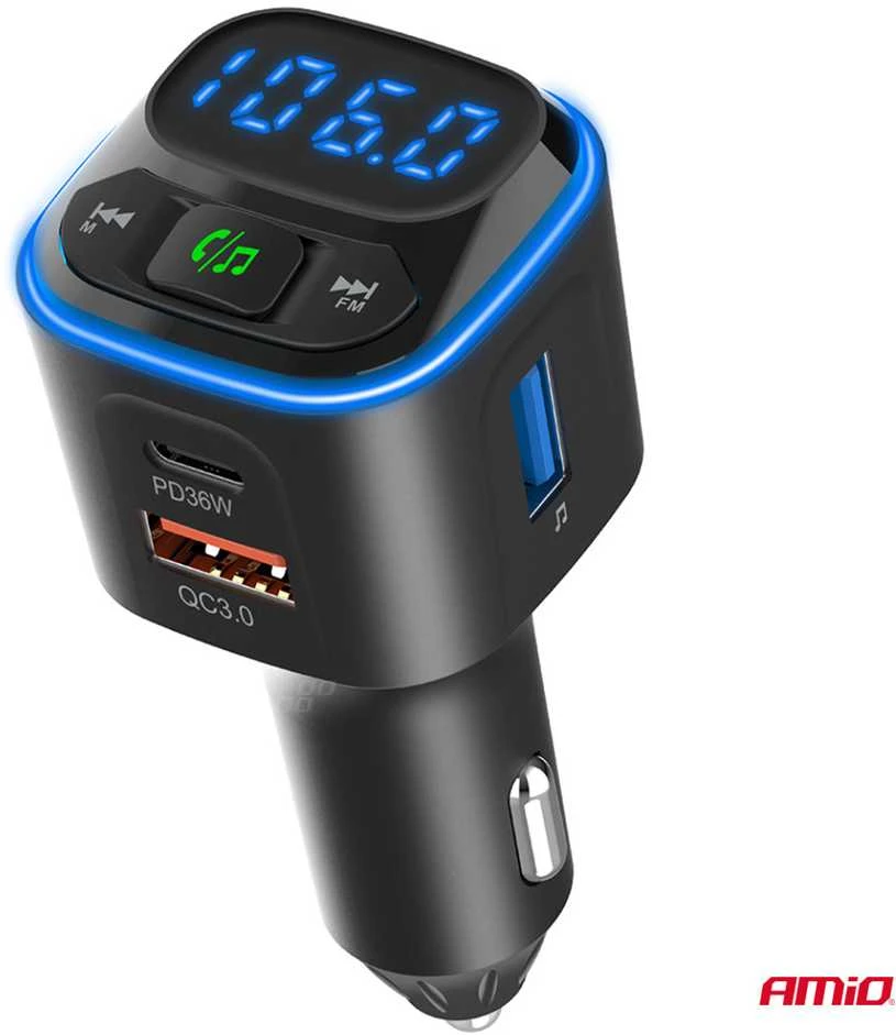 Automobilinis FM siųstuvas, 1×USB-A 2×USB-C 12V 24V AMIO-04651