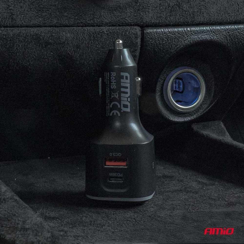 Automobilinis FM siųstuvas, 1×USB-A 2×USB-C 12V 24V AMIO-04651