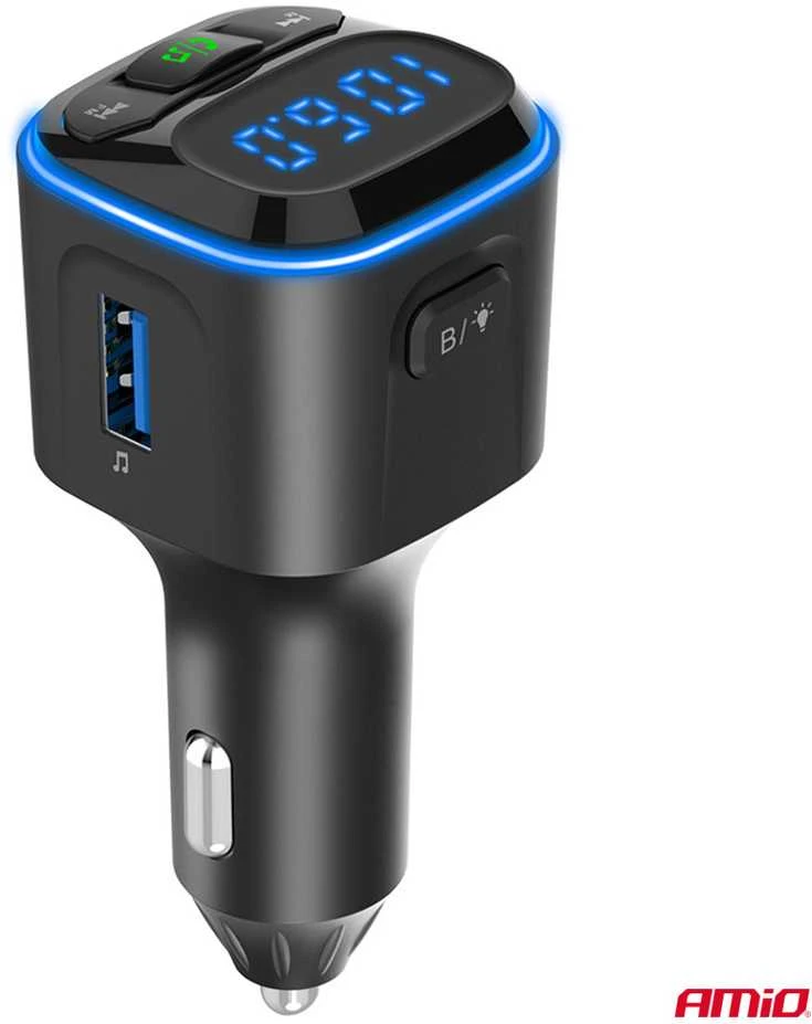 Automobilinis FM siųstuvas, 1×USB-A 2×USB-C 12V 24V AMIO-04651