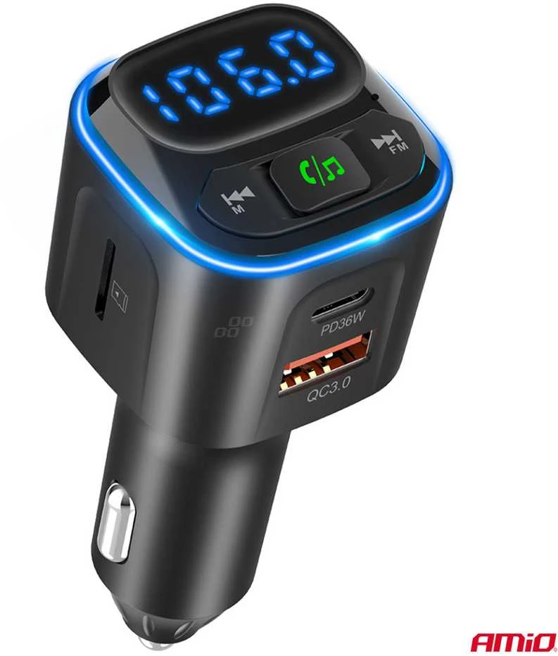 Automobilinis FM siųstuvas, 1×USB-A 2×USB-C 12V 24V AMIO-04651