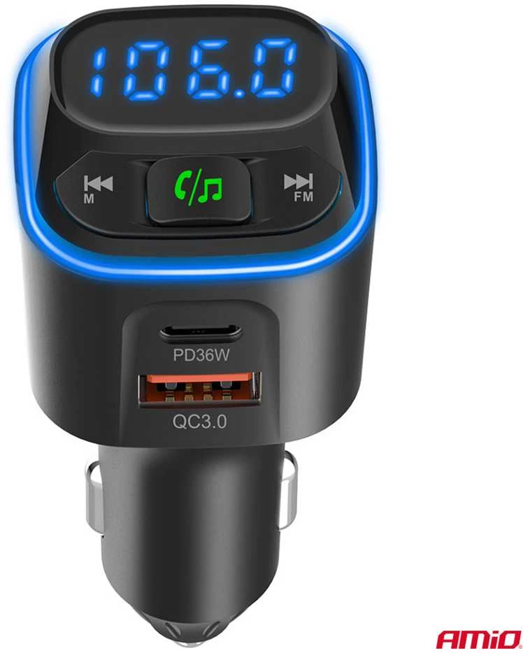 Automobilinis FM siųstuvas, 1×USB-A 2×USB-C 12V 24V AMIO-04651