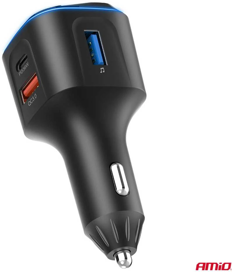 Automobilinis FM siųstuvas, 1×USB-A 2×USB-C 12V 24V AMIO-04651