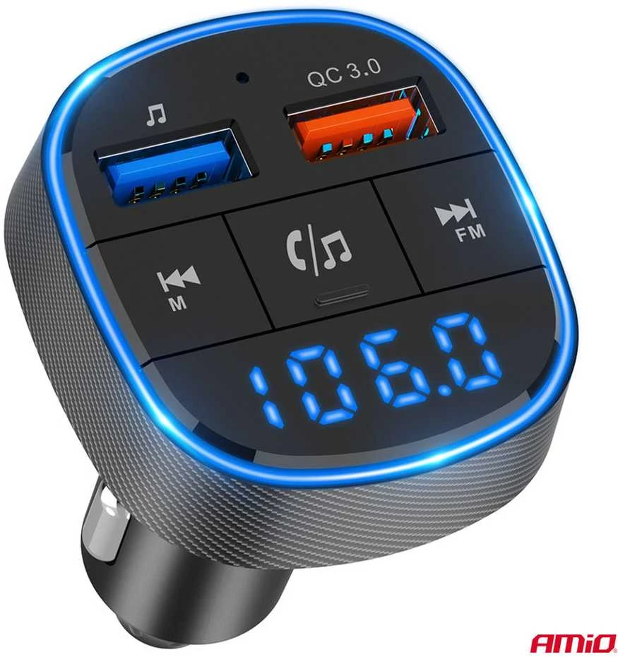 Automobilinis FM siųstuvas, 2×USB-A 12V 24V AMIO-04648