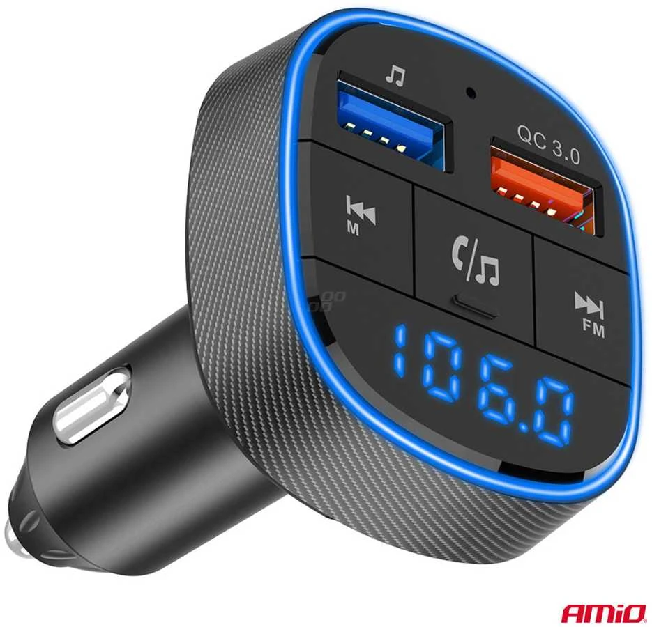 Automobilinis FM siųstuvas, 2×USB-A 12V 24V AMIO-04648