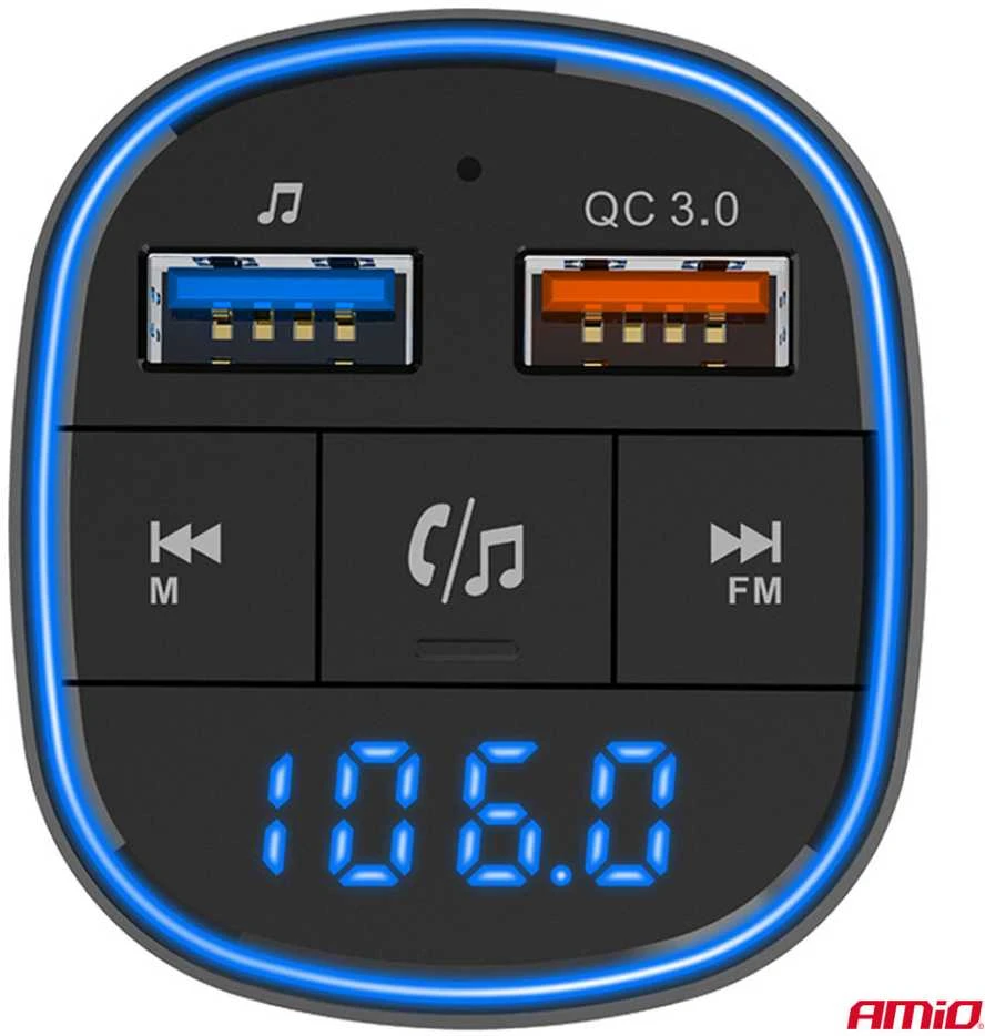 Automobilinis FM siųstuvas, 2×USB-A 12V 24V AMIO-04648