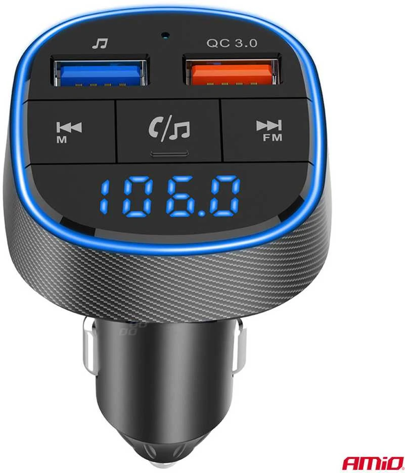 Automobilinis FM siųstuvas, 2×USB-A 12V 24V AMIO-04648