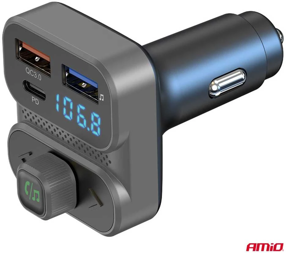 Automobilinis FM siųstuvas, 2×USB-A 1×USB-C 12V 24V AMIO-04649