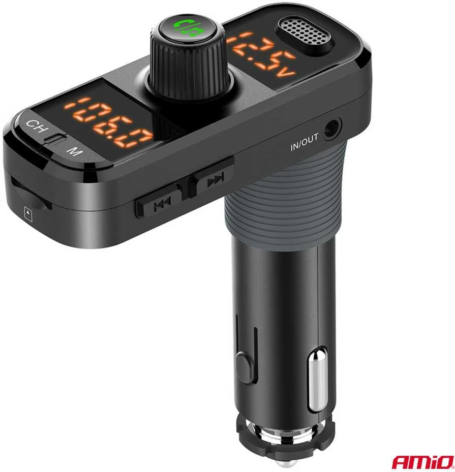 Automobilinis FM siųstuvas, 2×USB-A 1×USB-C Micro SD 12V 24V AMIO-04653