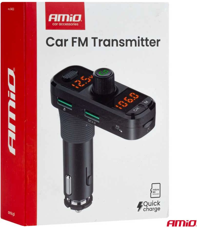 Automobilinis FM siųstuvas, 2×USB-A 1×USB-C Micro SD 12V 24V AMIO-04653