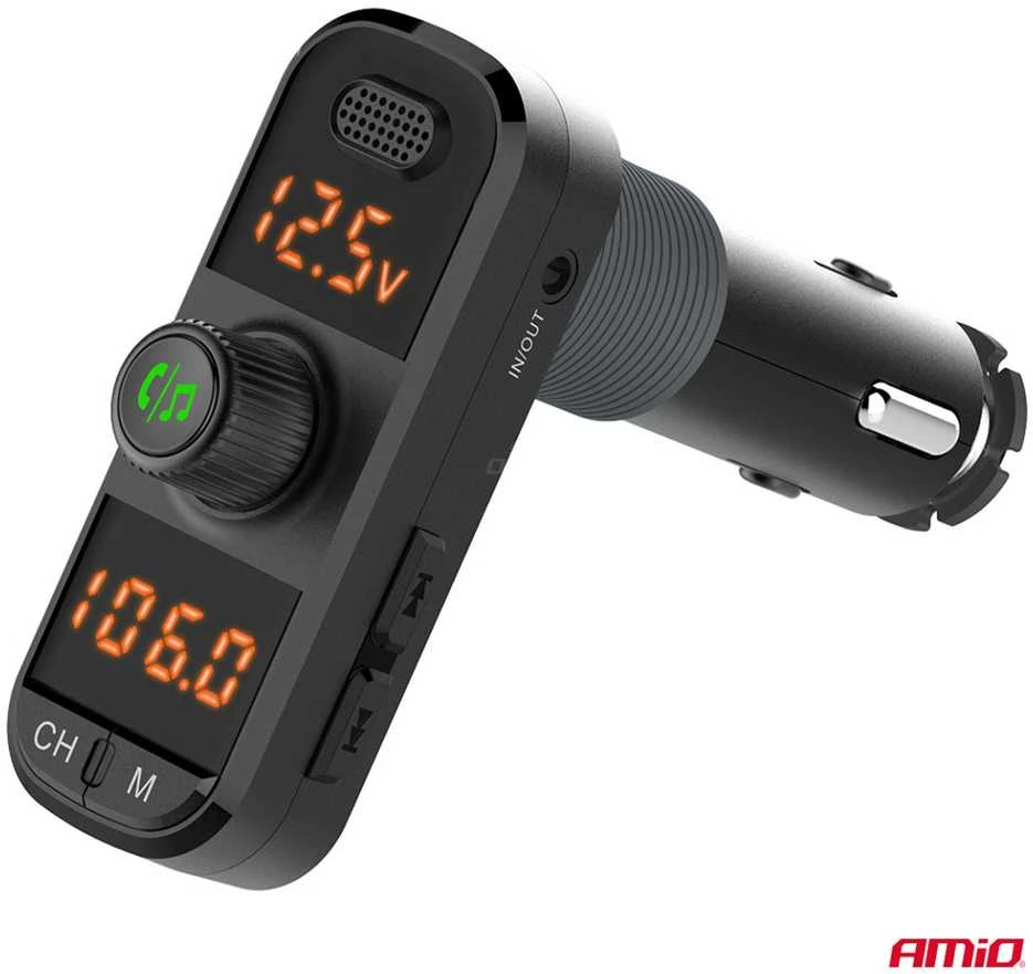 Automobilinis FM siųstuvas, 2×USB-A 1×USB-C Micro SD 12V 24V AMIO-04653