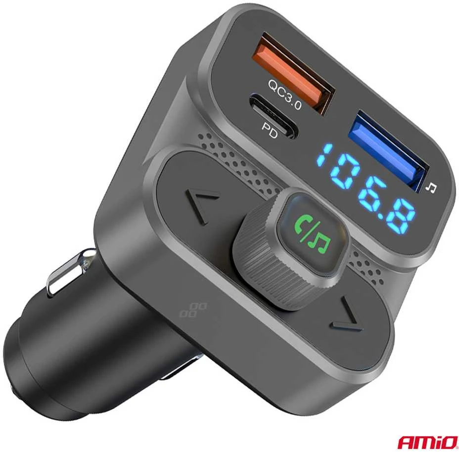 Automobilinis FM siųstuvas, 2×USB-A 1×USB-C 12V 24V AMIO-04649