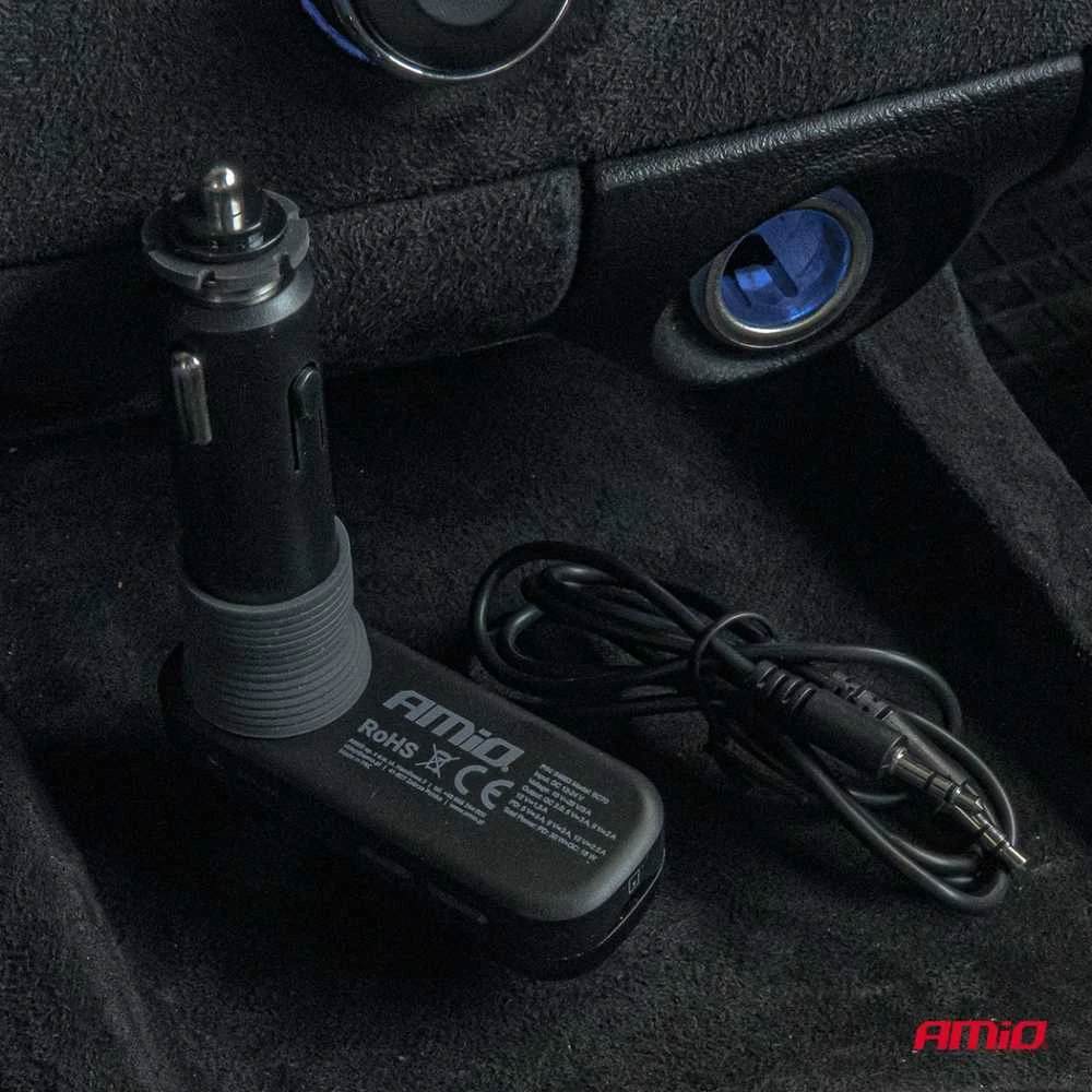 Automobilinis FM siųstuvas, 2×USB-A 1×USB-C Micro SD 12V 24V AMIO-04653