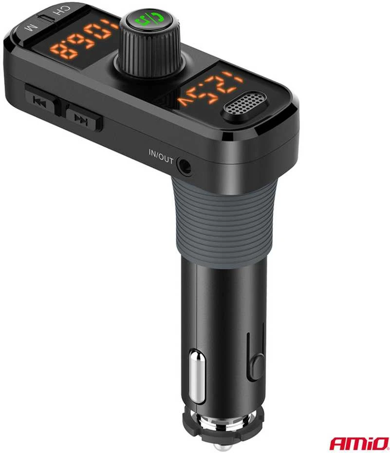 Automobilinis FM siųstuvas, 2×USB-A 1×USB-C Micro SD 12V 24V AMIO-04653