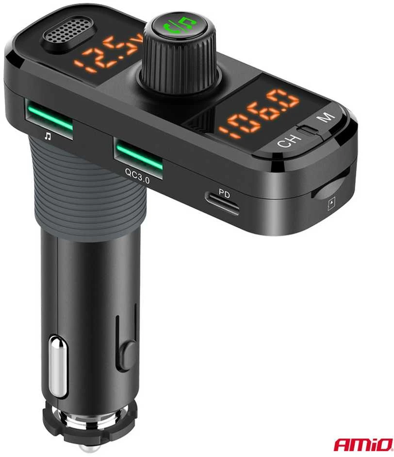 Automobilinis FM siųstuvas, 2×USB-A 1×USB-C Micro SD 12V 24V AMIO-04653