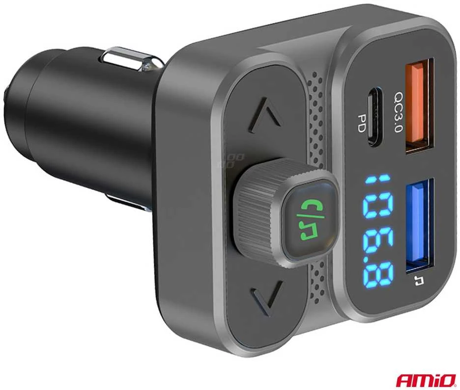 Automobilinis FM siųstuvas, 2×USB-A 1×USB-C 12V 24V AMIO-04649