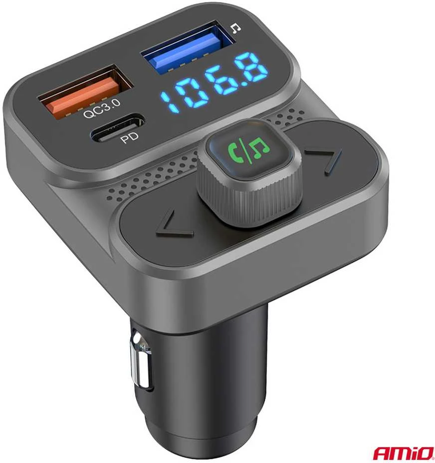 Automobilinis FM siųstuvas, 2×USB-A 1×USB-C 12V 24V AMIO-04649