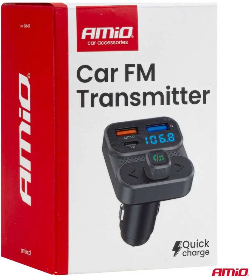 Automobilinis FM siųstuvas, 2×USB-A 1×USB-C 12V 24V AMIO-04649