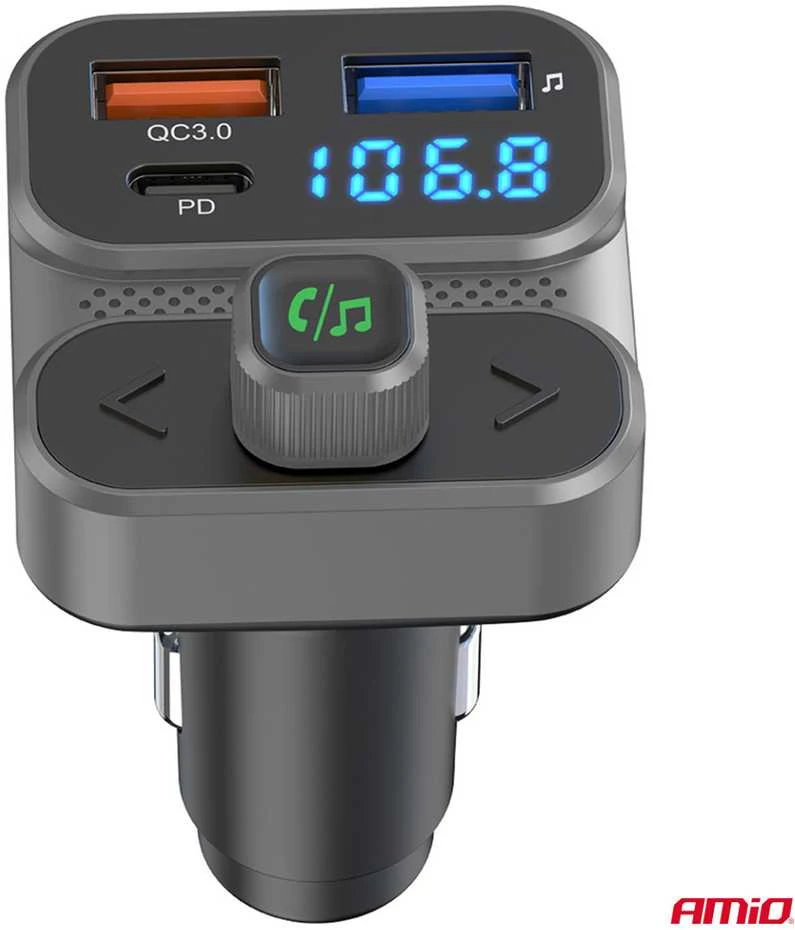 Automobilinis FM siųstuvas, 2×USB-A 1×USB-C 12V 24V AMIO-04649
