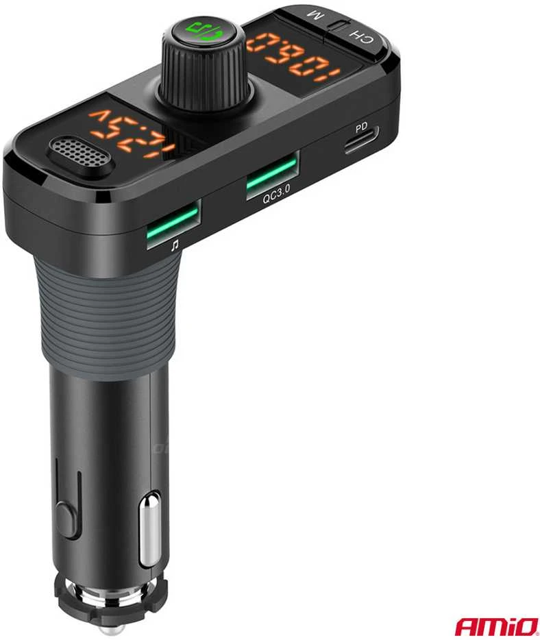Automobilinis FM siųstuvas, 2×USB-A 1×USB-C Micro SD 12V 24V AMIO-04653