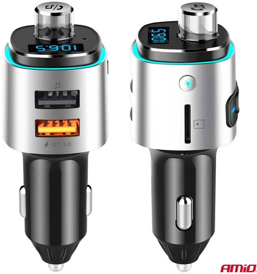 Automobilinis FM siųstuvas, 2×USB-A Micro SD 12V 24V AMIO-04654