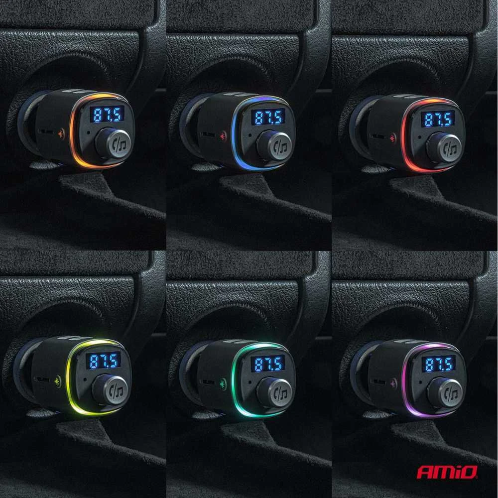 Automobilinis FM siųstuvas, 2×USB-A Micro SD 12V 24V AMIO-04654